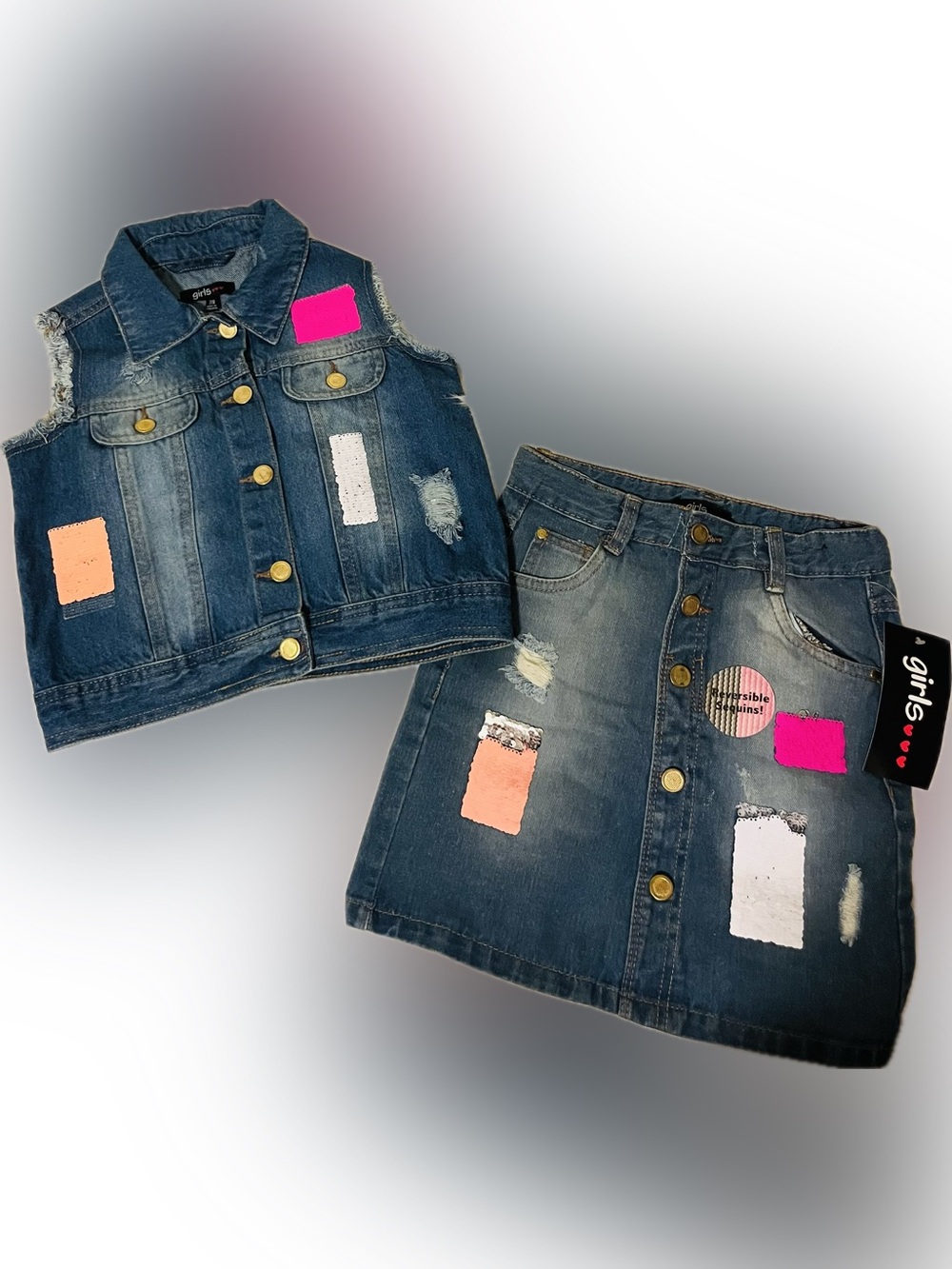 Girls Denim 2-Piece Vest Skirt Set Reversible Sequins Distressed 7/8 NWT